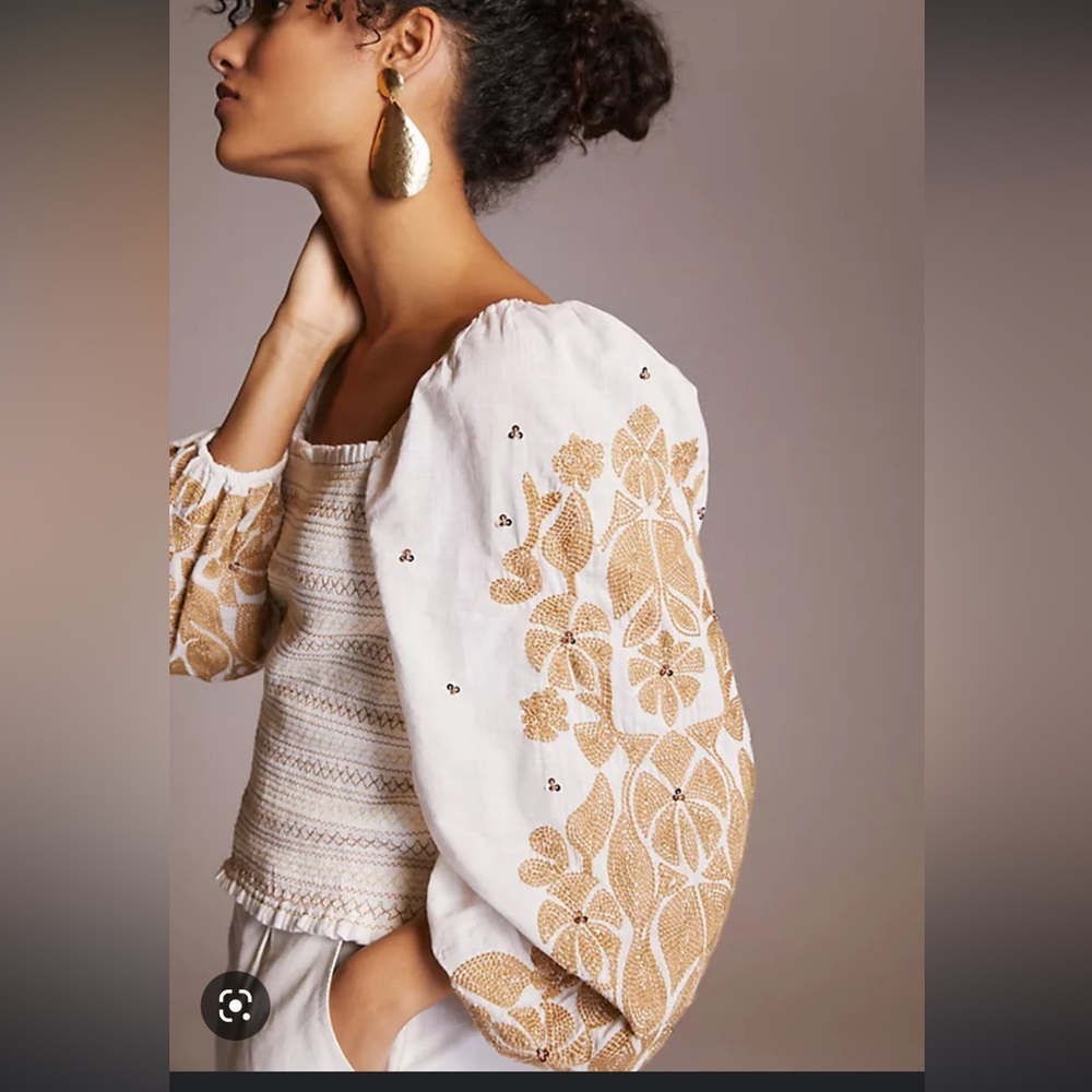 Anthropologie Neutral Smocked Embroidered Puff Sleeves Top In Ivory White